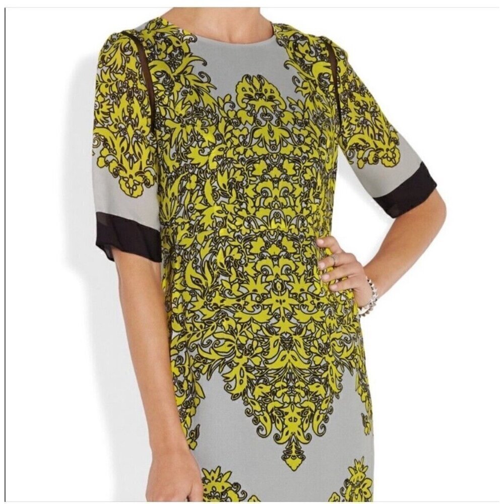 Milly Dress Women's 8 Silk Oranamentale Print Blaire Shift Dress Gray Yellow